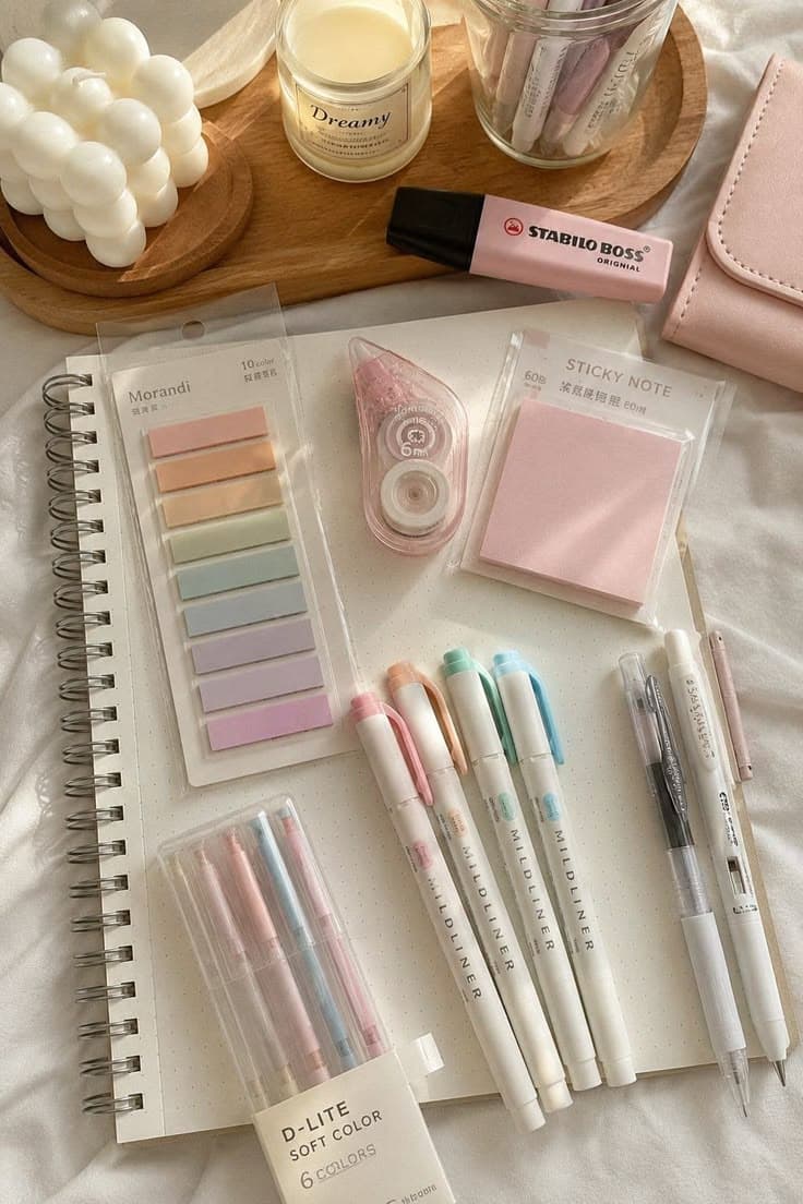 Pastel highlighters, sticky notes and a dotted notebook on a bed
